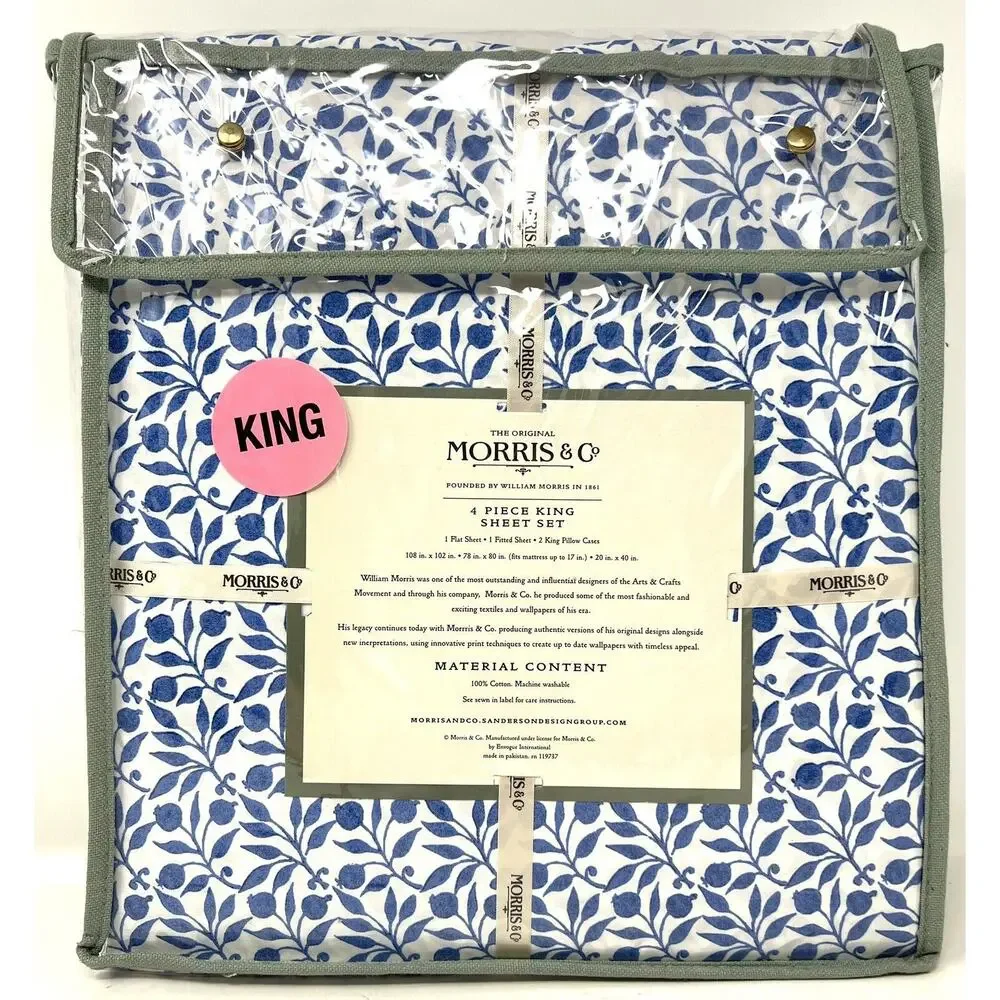 William Morris & Co. KING Sheet Set Blue White Blueberries 100% Cotton 4 pcs